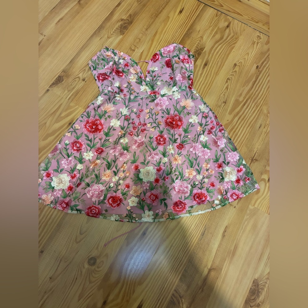 For Love & Lemons Temecula Floral Embroidered Mesh Strapless Mini Dress Pink M